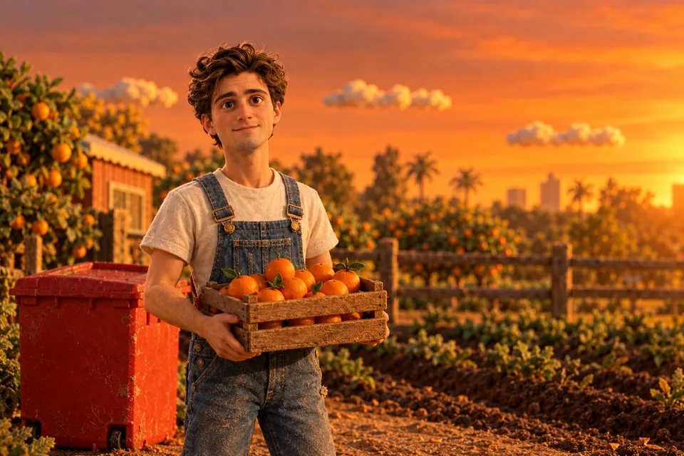 Ethan in overalls holding a crate of oranges on a farm at sunset, a red Melly’s compost bin beside him