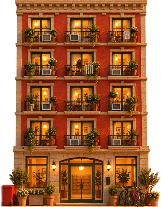 A five-story apartment building with balconies and climbing vines, a red Melly’s bin out front