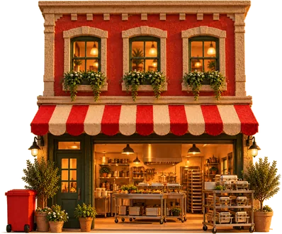 A catering kitchen storefront with steel prep carts inside, a red Melly’s bin on the sidewalk