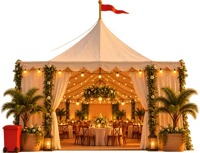 A white event tent strung with lights, set for a dinner, with a red Melly’s bin by the entrance