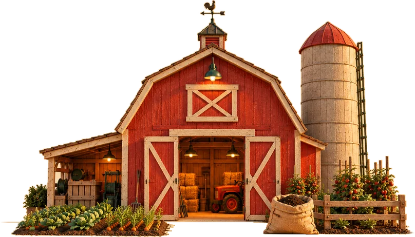 A red barn with a silo and crop rows, a burlap sack of Melly’s soil out front
