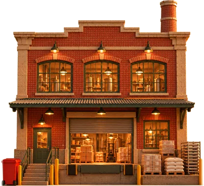 A brick food plant with a loading dock and a smokestack, a red Melly’s bin out front