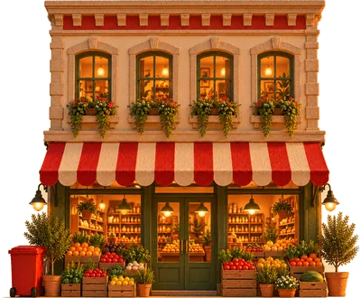 A small brick grocery with a striped awning and produce crates out front, a red Melly’s bin by the door