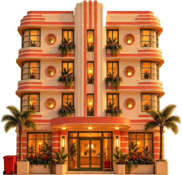 A pastel art deco hotel with porthole windows and a palm by the door, a red Melly’s bin out front