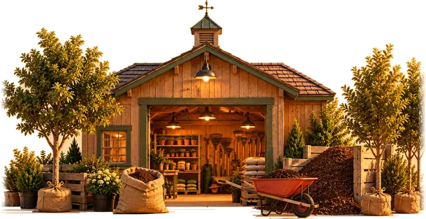A landscaper’s open shed with tools, saplings, a wheelbarrow and a mound of compost, sacks of Melly’s soil out front