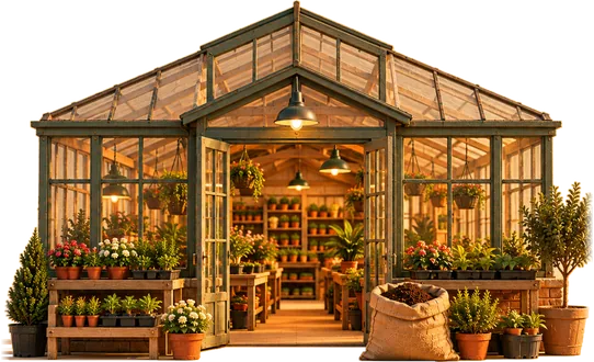 A glass greenhouse full of potted plants and flowers, sacks of Melly’s soil by the door