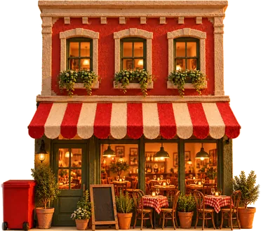 A small corner restaurant with a striped awning, flower boxes and a red Melly’s bin by the door