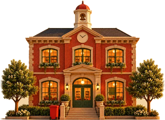 A red brick school with a clock tower, front steps and two trees, a red Melly’s bin by the hedge