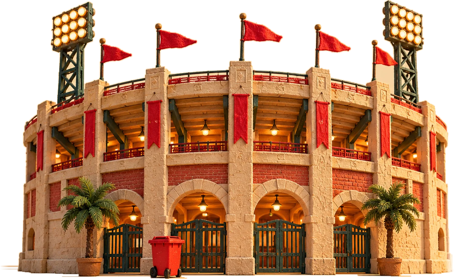 A round brick stadium with arched gates, red pennants and floodlights, a red Melly’s bin at the gate