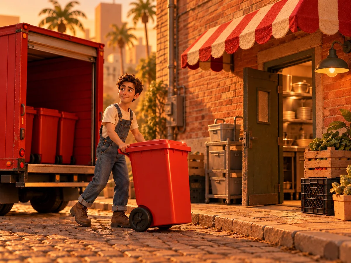 A red Melly’s compost bin dropped off beside the market stand