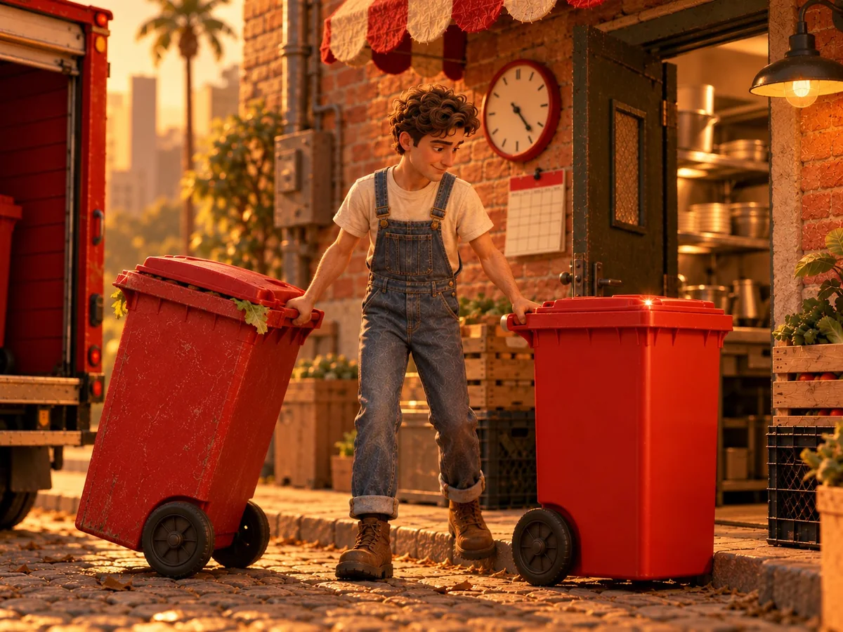 The Melly’s truck swapping bins in front of a restaurant